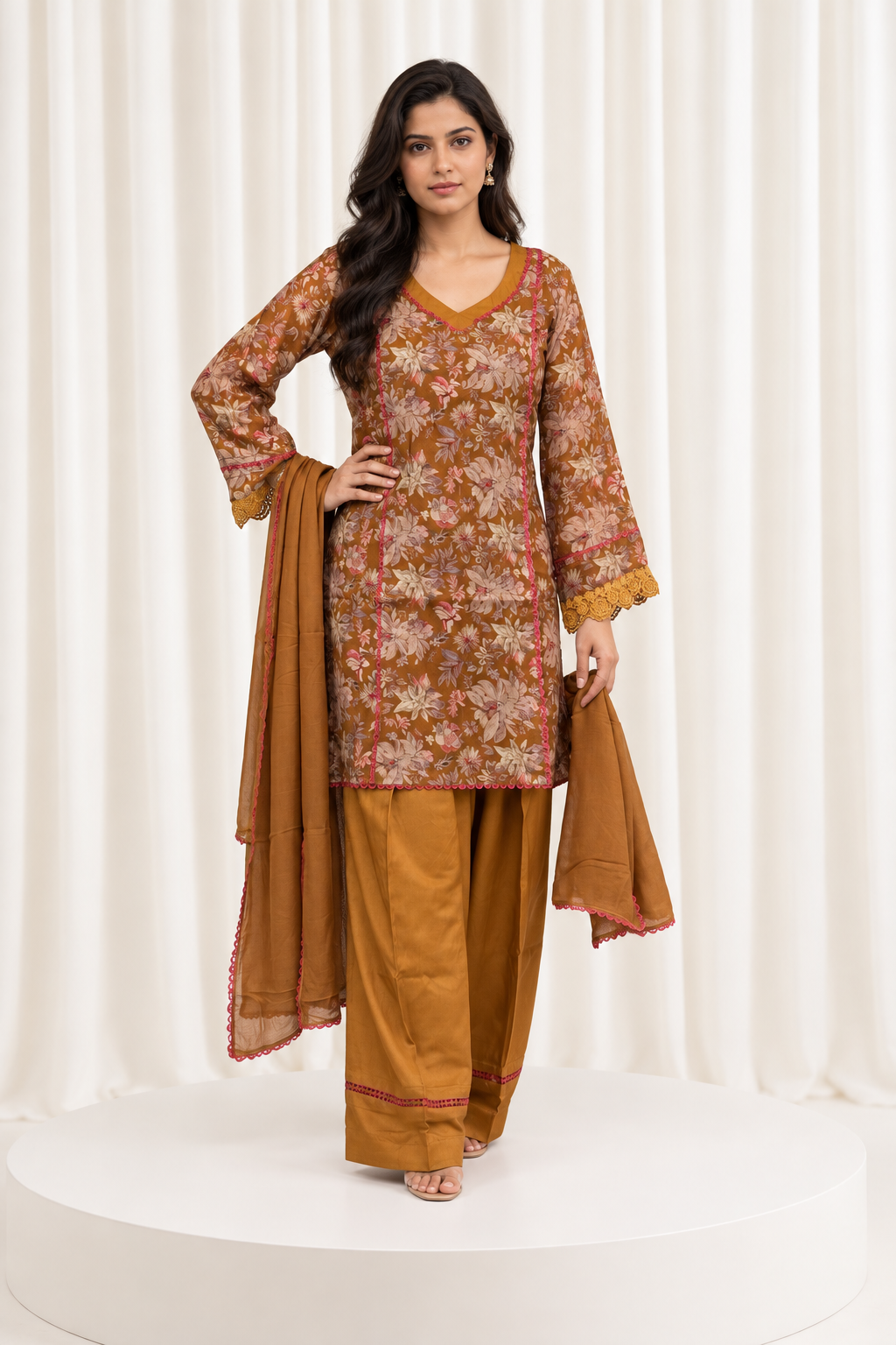 Mustard Floral Printed Straight Salwar Suit