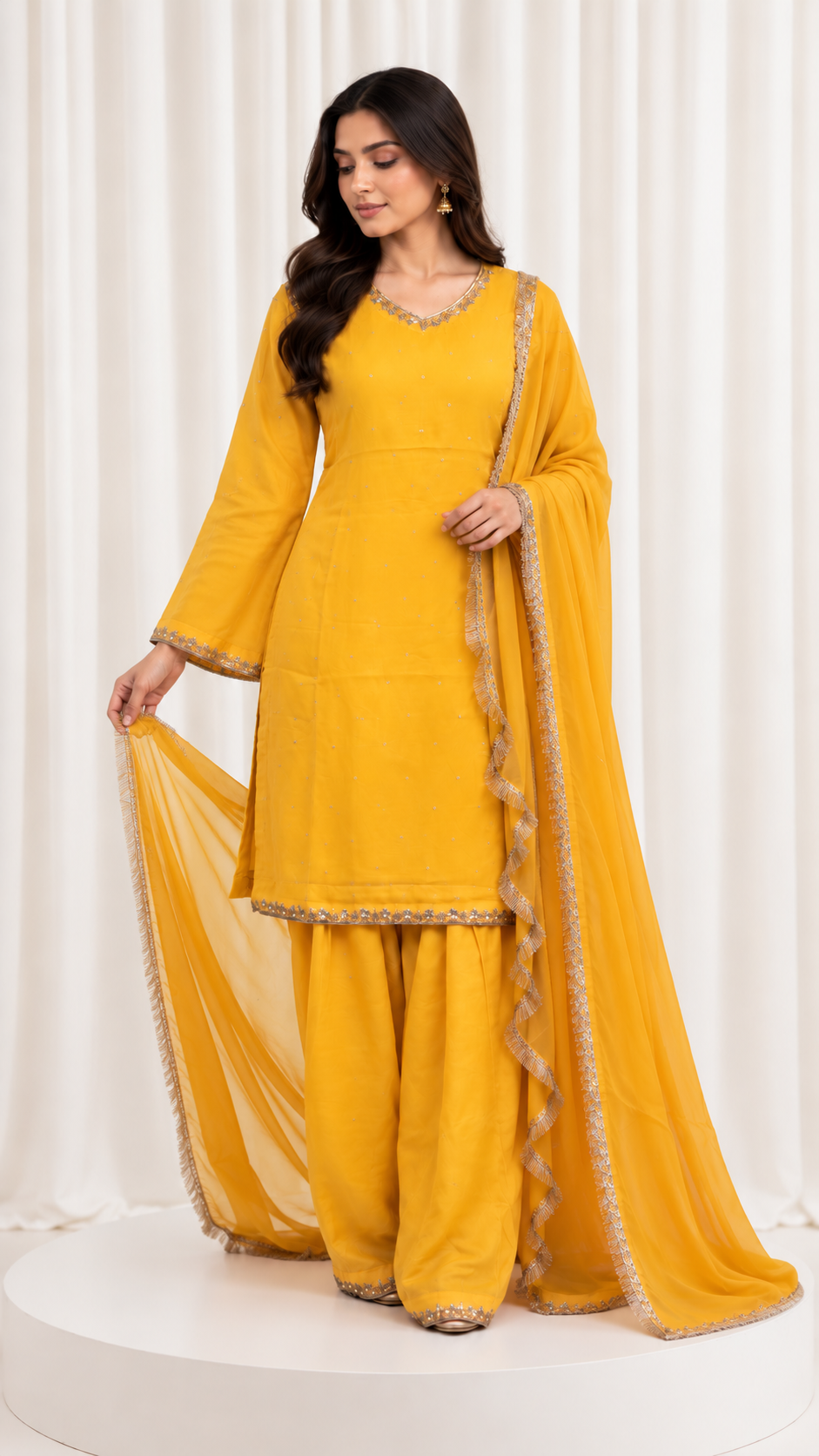 Mustard Yellow Natural Crepe Handwork Suit Set