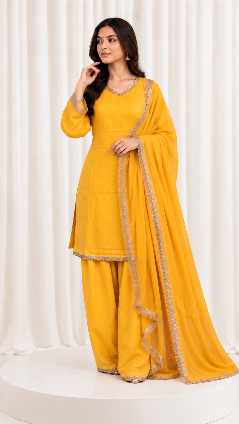 Mustard Yellow Natural Crepe Handwork Suit Set