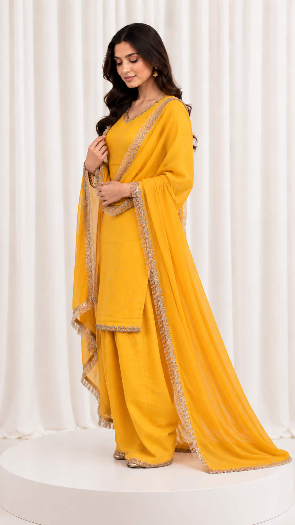 Mustard Yellow Natural Crepe Handwork Suit Set
