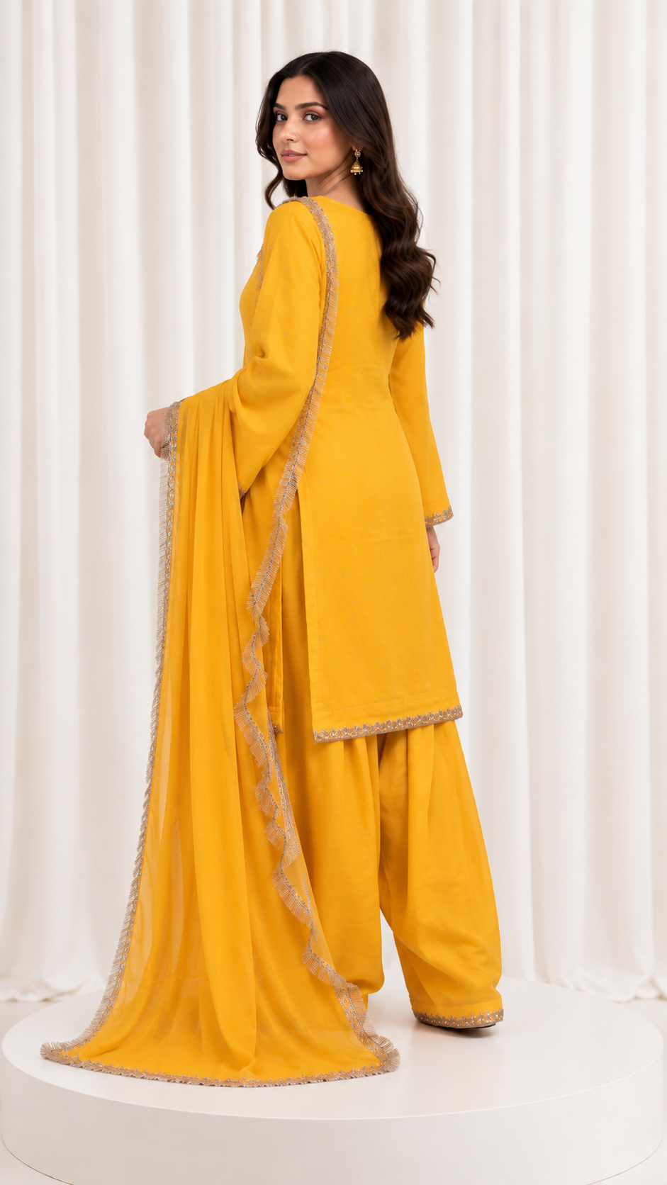 Mustard Yellow Natural Crepe Handwork Suit Set