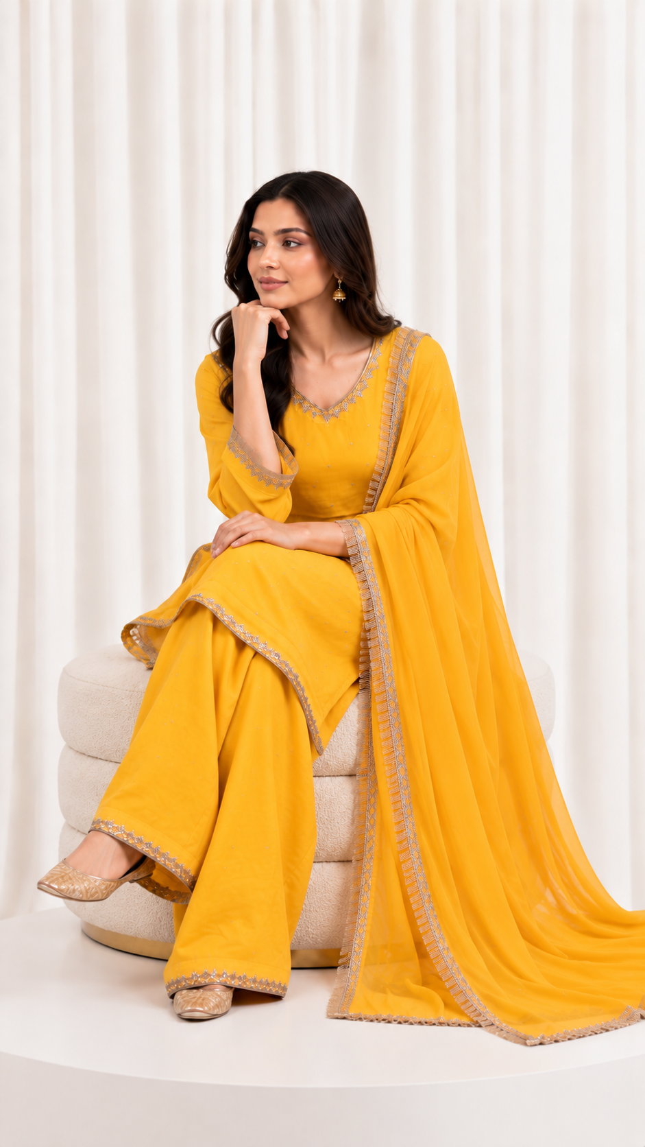 Mustard Yellow Natural Crepe Handwork Suit Set