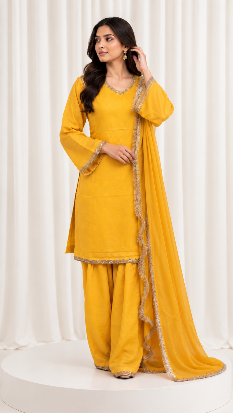 Mustard Yellow Natural Crepe Handwork Suit Set