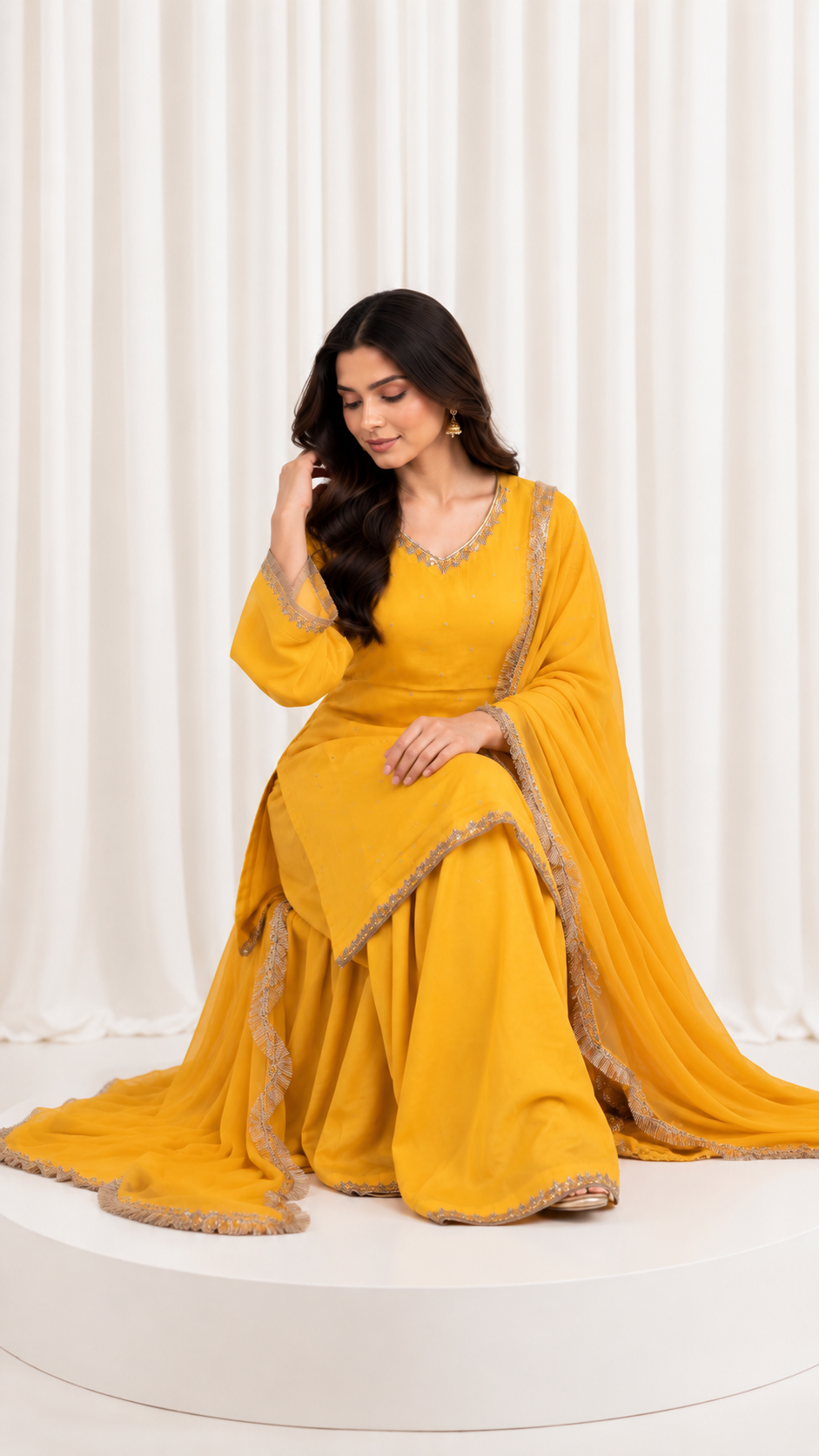 Mustard Yellow Natural Crepe Handwork Suit Set