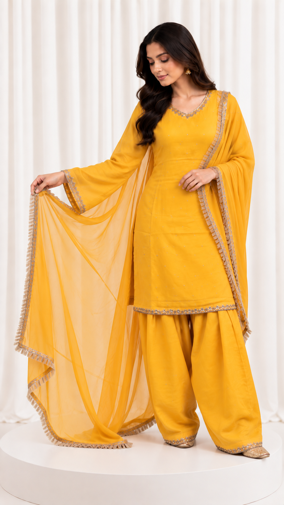 Mustard Yellow Natural Crepe Handwork Suit Set