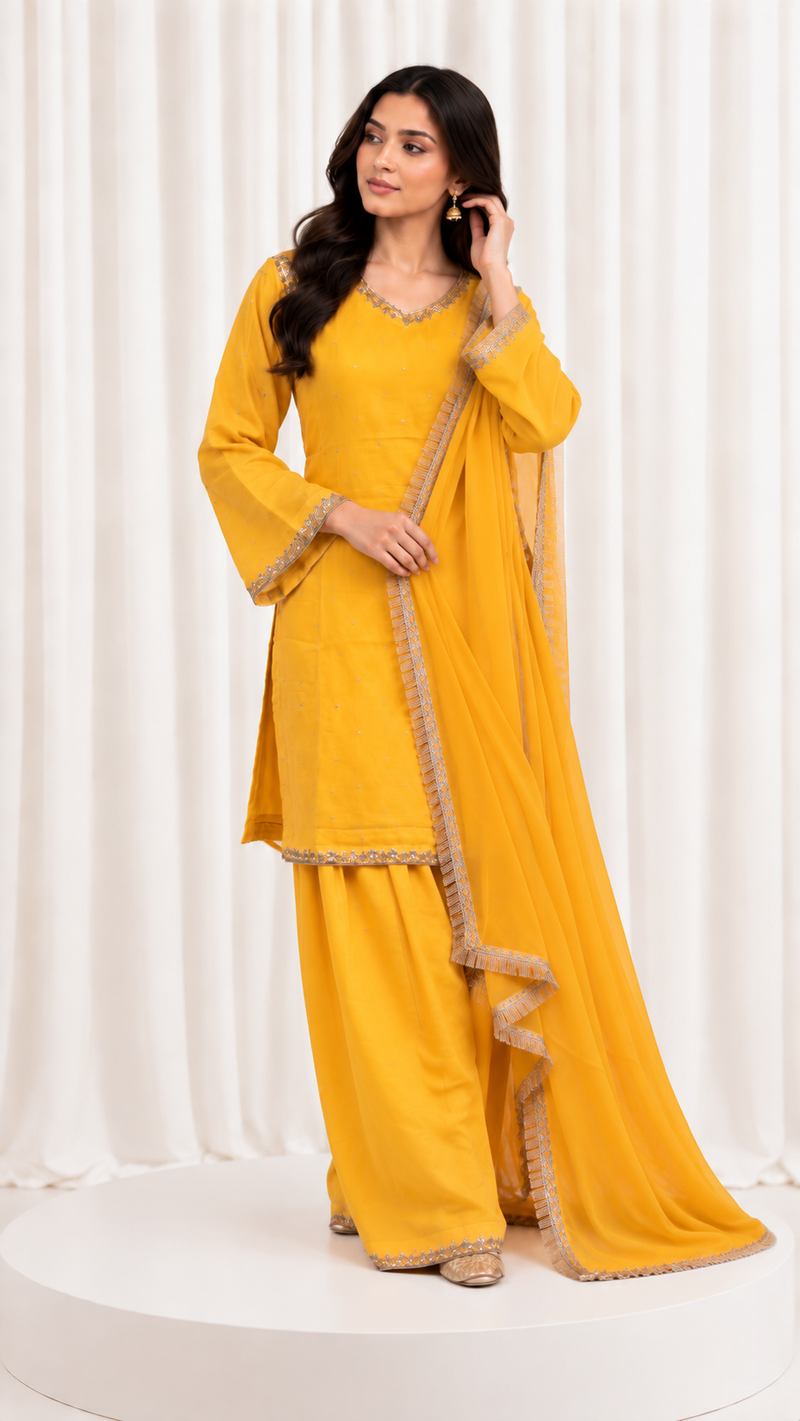 Mustard Yellow Natural Crepe Handwork Suit Set