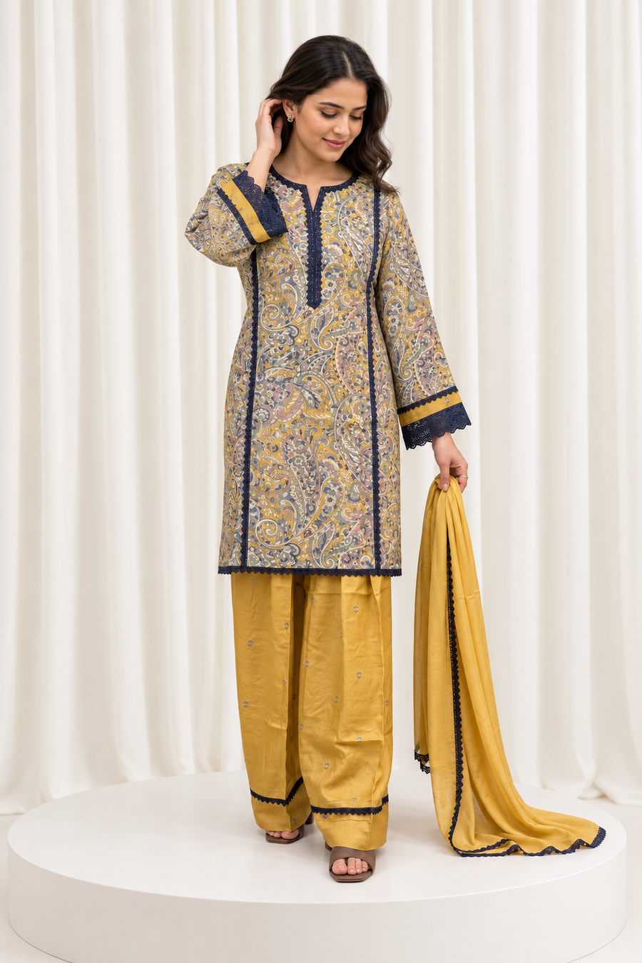Mustard & Navy Printed Straight Salwar Suit