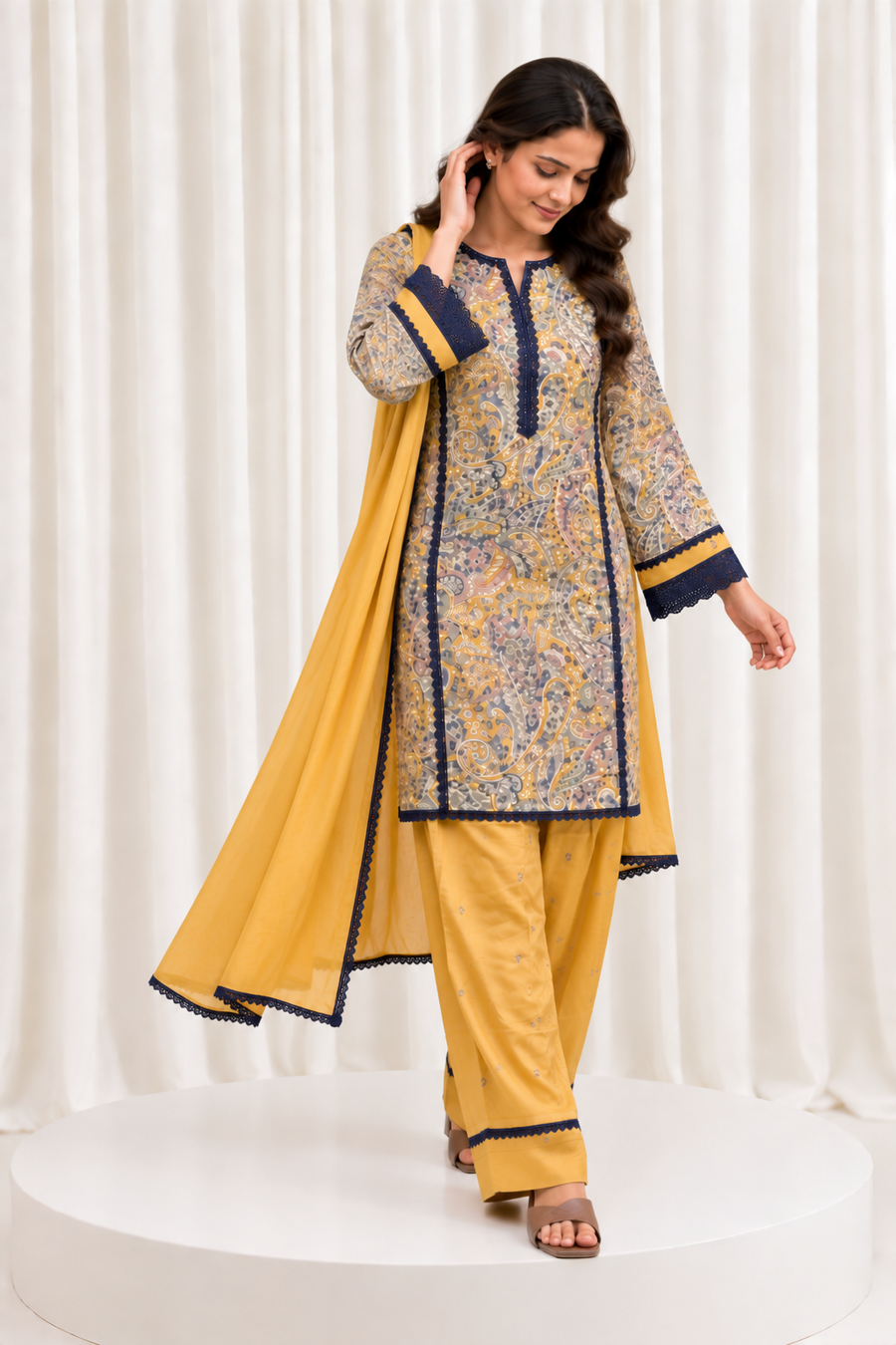 Mustard & Navy Printed Straight Salwar Suit