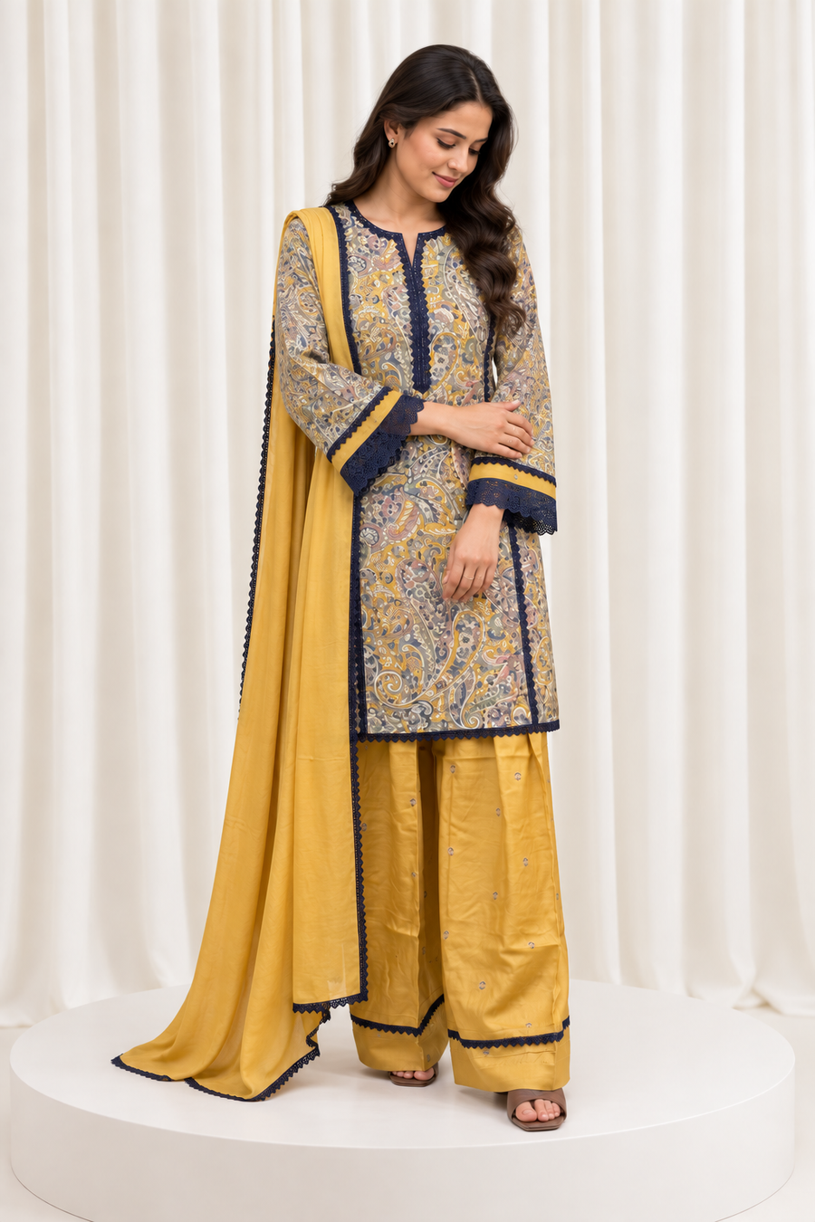 Mustard & Navy Printed Straight Salwar Suit