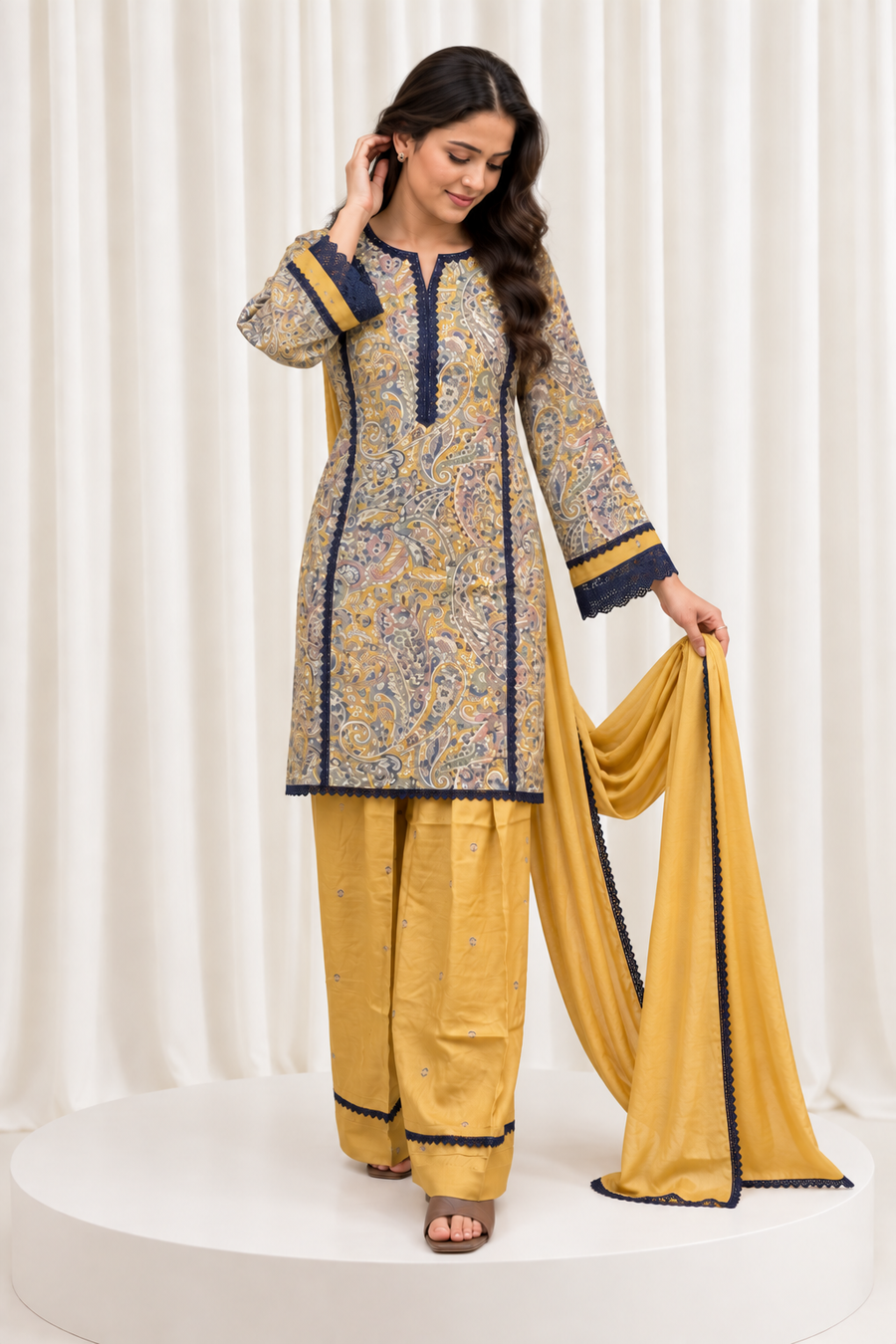 Mustard & Navy Printed Straight Salwar Suit