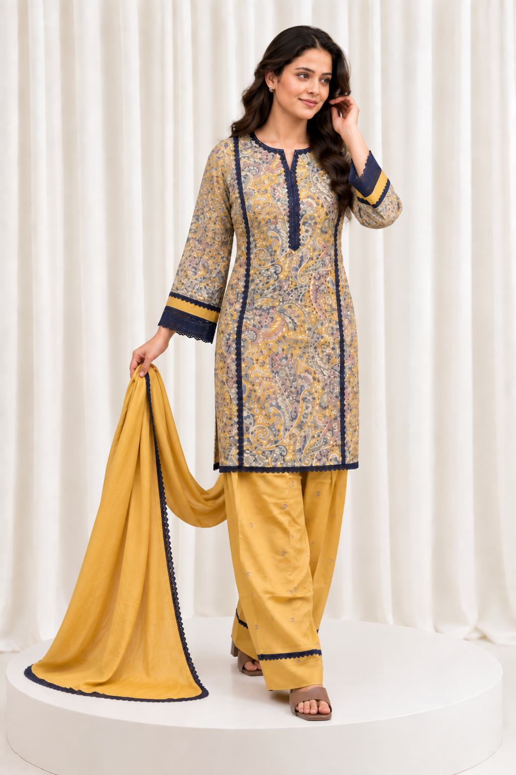 Mustard & Navy Printed Straight Salwar Suit