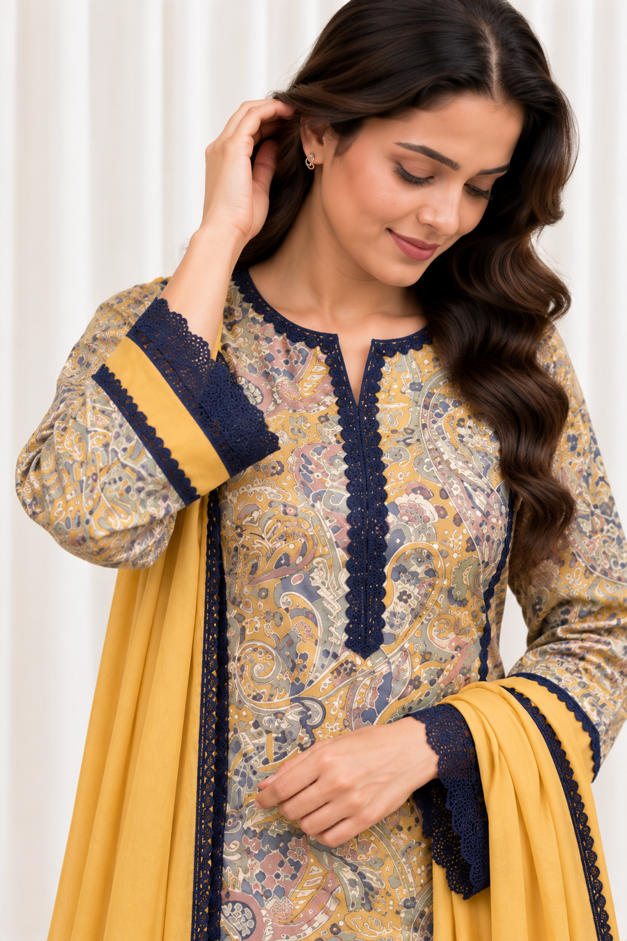 Mustard & Navy Printed Straight Salwar Suit