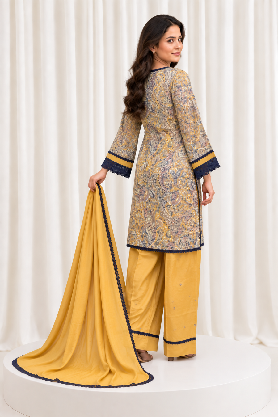 Mustard & Navy Printed Straight Salwar Suit