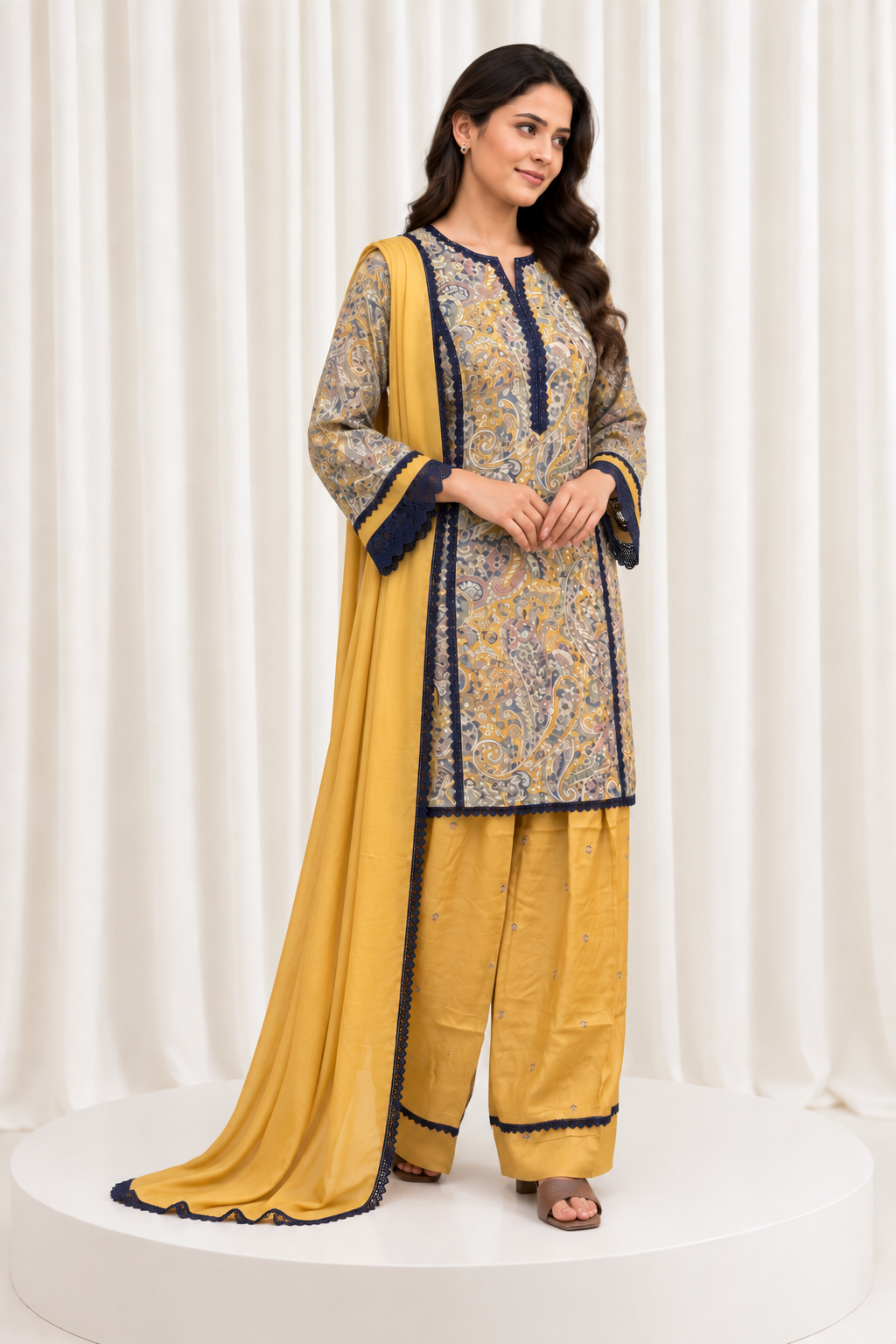 Mustard & Navy Printed Straight Salwar Suit