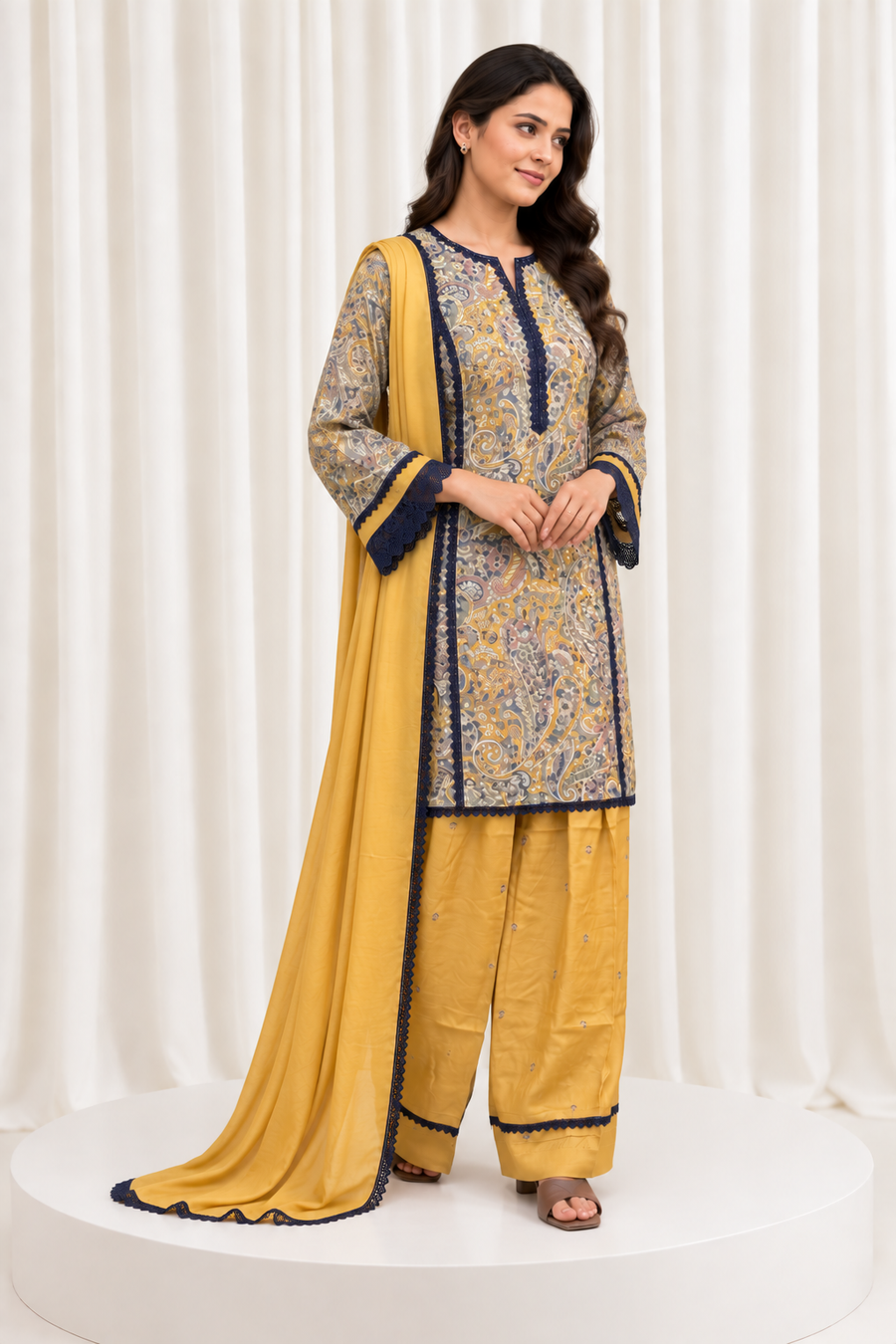 Mustard & Navy Printed Straight Salwar Suit