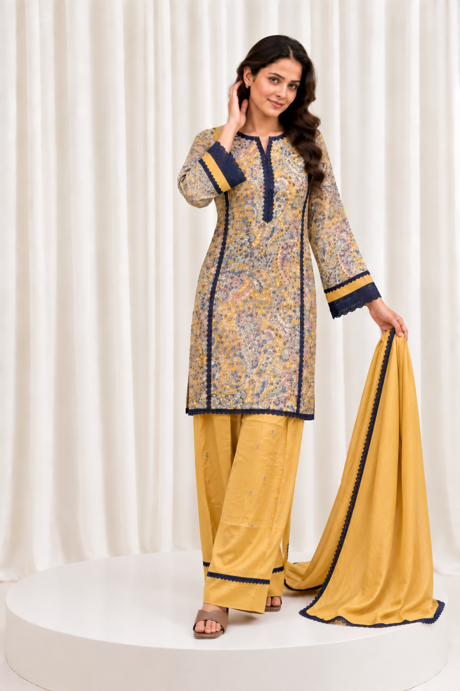 Mustard & Navy Printed Straight Salwar Suit