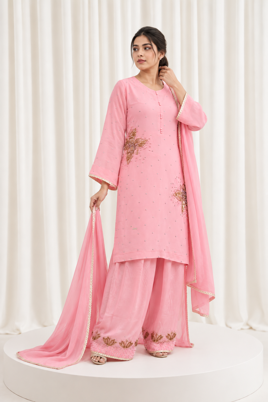 Pink Natural Crepe Handwork Straight Salwar Suit with Ghinza Dupatta
