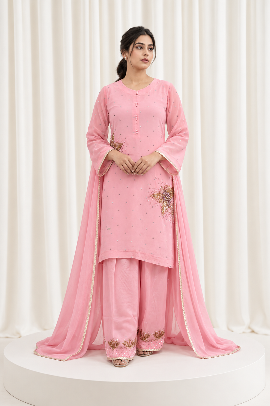 Pink Natural Crepe Handwork Straight Salwar Suit with Ghinza Dupatta