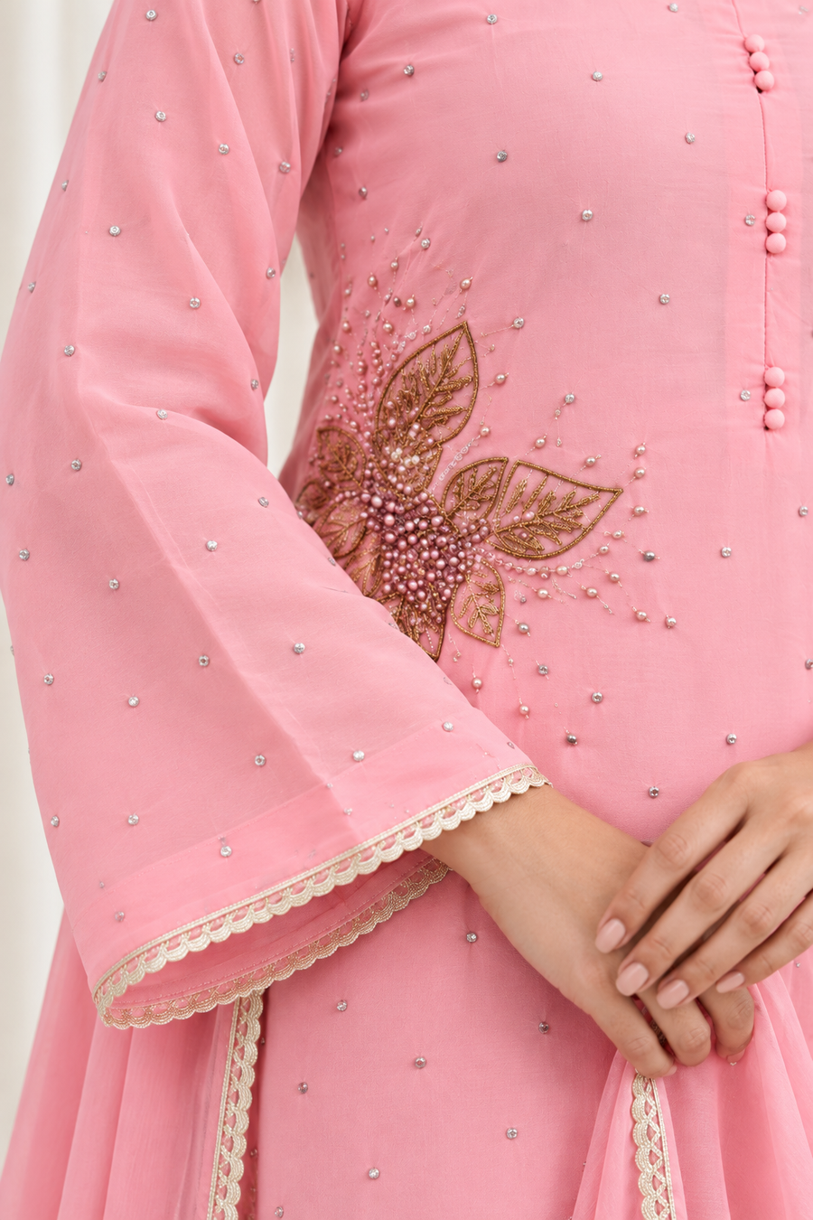 Pink Natural Crepe Handwork Straight Salwar Suit with Ghinza Dupatta