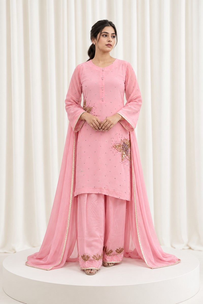 Pink Natural Crepe Handwork Straight Salwar Suit with Ghinza Dupatta