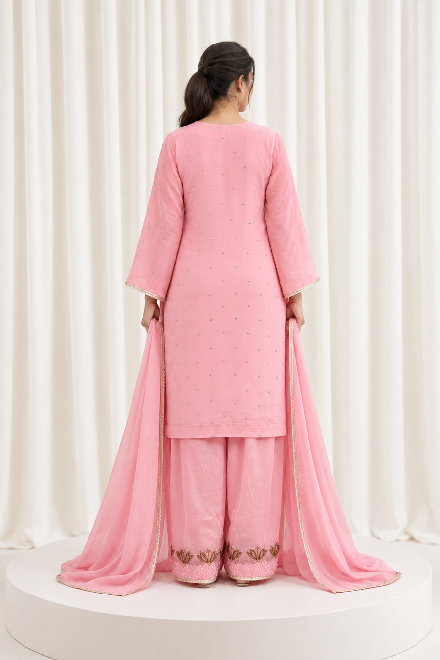 Pink Natural Crepe Handwork Straight Salwar Suit with Ghinza Dupatta