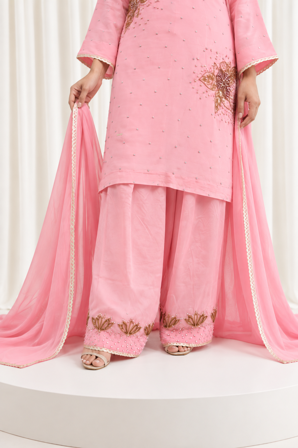 Pink Natural Crepe Handwork Straight Salwar Suit with Ghinza Dupatta