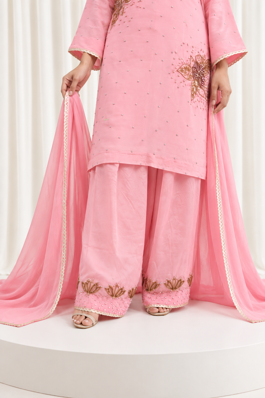 Pink Natural Crepe Handwork Straight Salwar Suit with Ghinza Dupatta