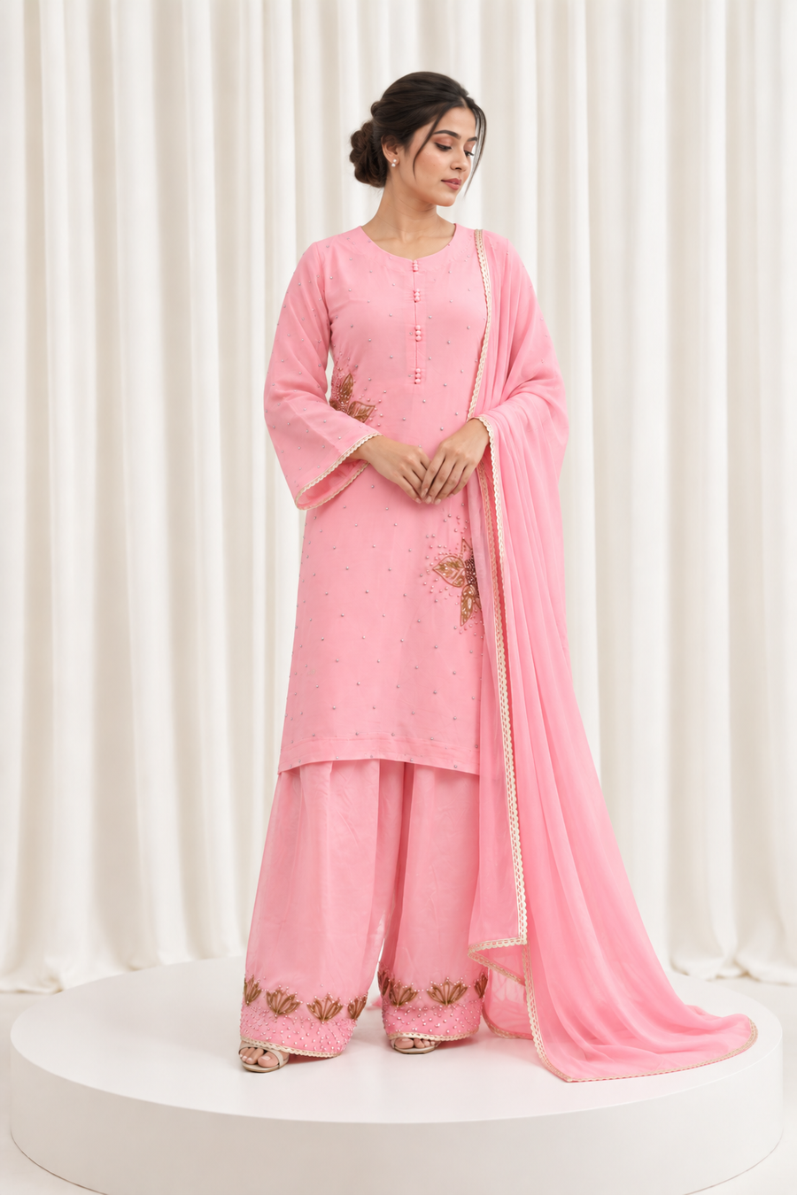 Pink Natural Crepe Handwork Straight Salwar Suit with Ghinza Dupatta