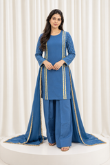 Royal Blue Handcrafted Natural Crepe Suit Set with Organza Dupatta