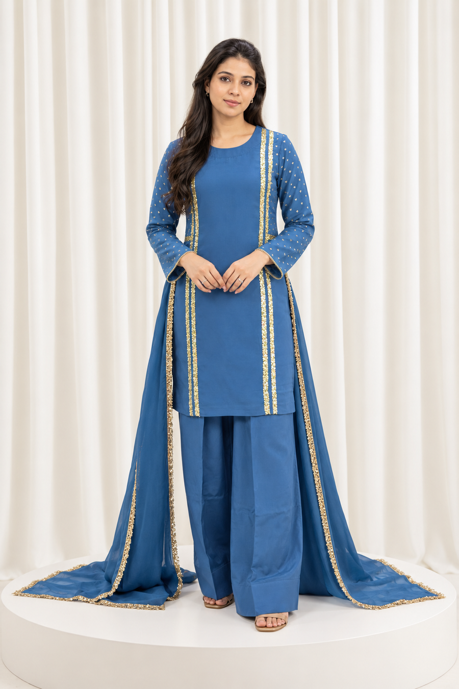 Royal Blue Handcrafted Natural Crepe Suit Set with Organza Dupatta
