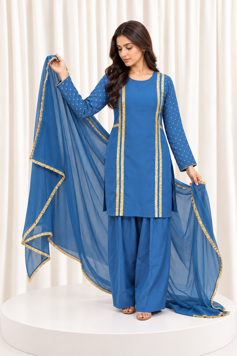 Royal Blue Handcrafted Natural Crepe Suit Set with Organza Dupatta