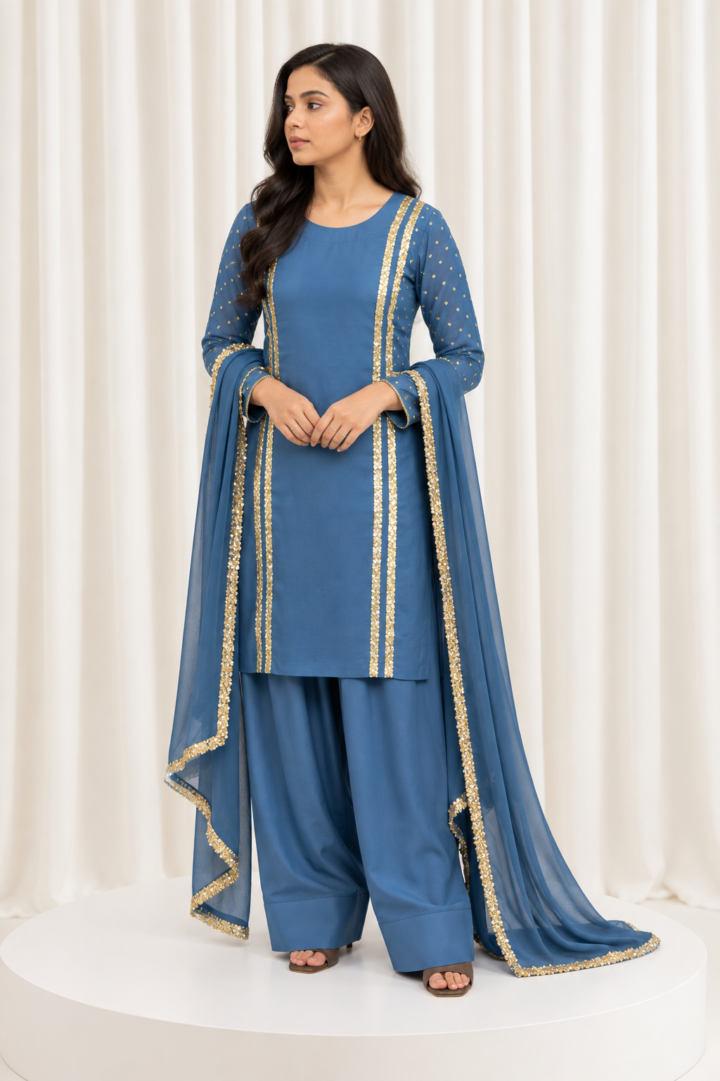 Royal Blue Handcrafted Natural Crepe Suit Set with Organza Dupatta