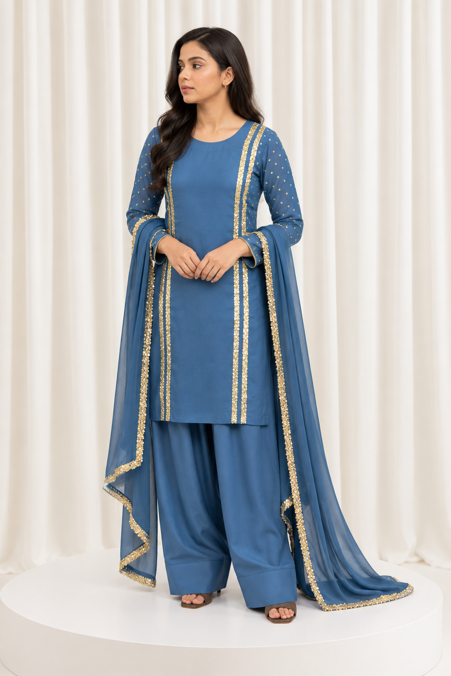 Royal Blue Handcrafted Natural Crepe Suit Set with Organza Dupatta