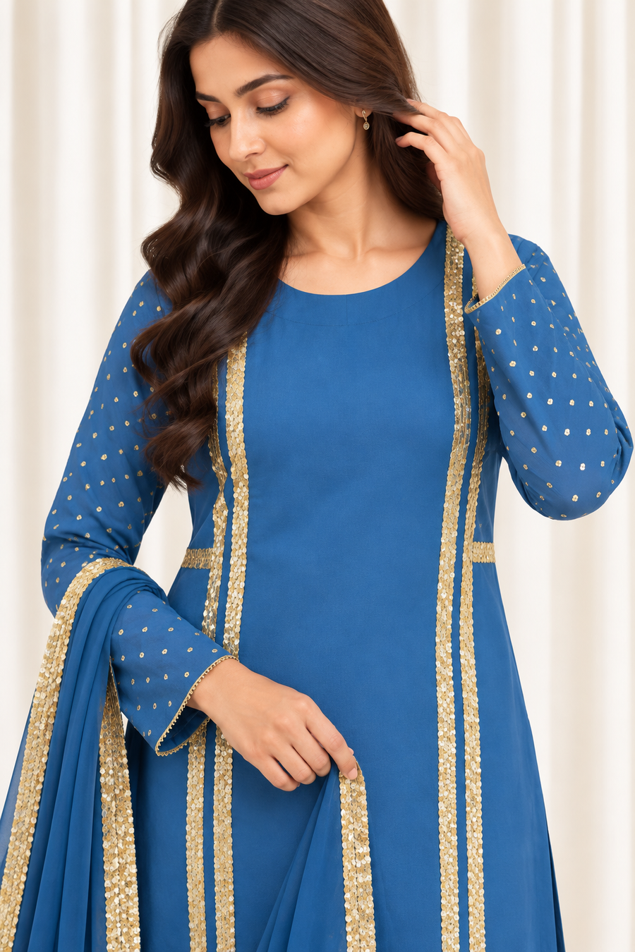 Royal Blue Handcrafted Natural Crepe Suit Set with Organza Dupatta