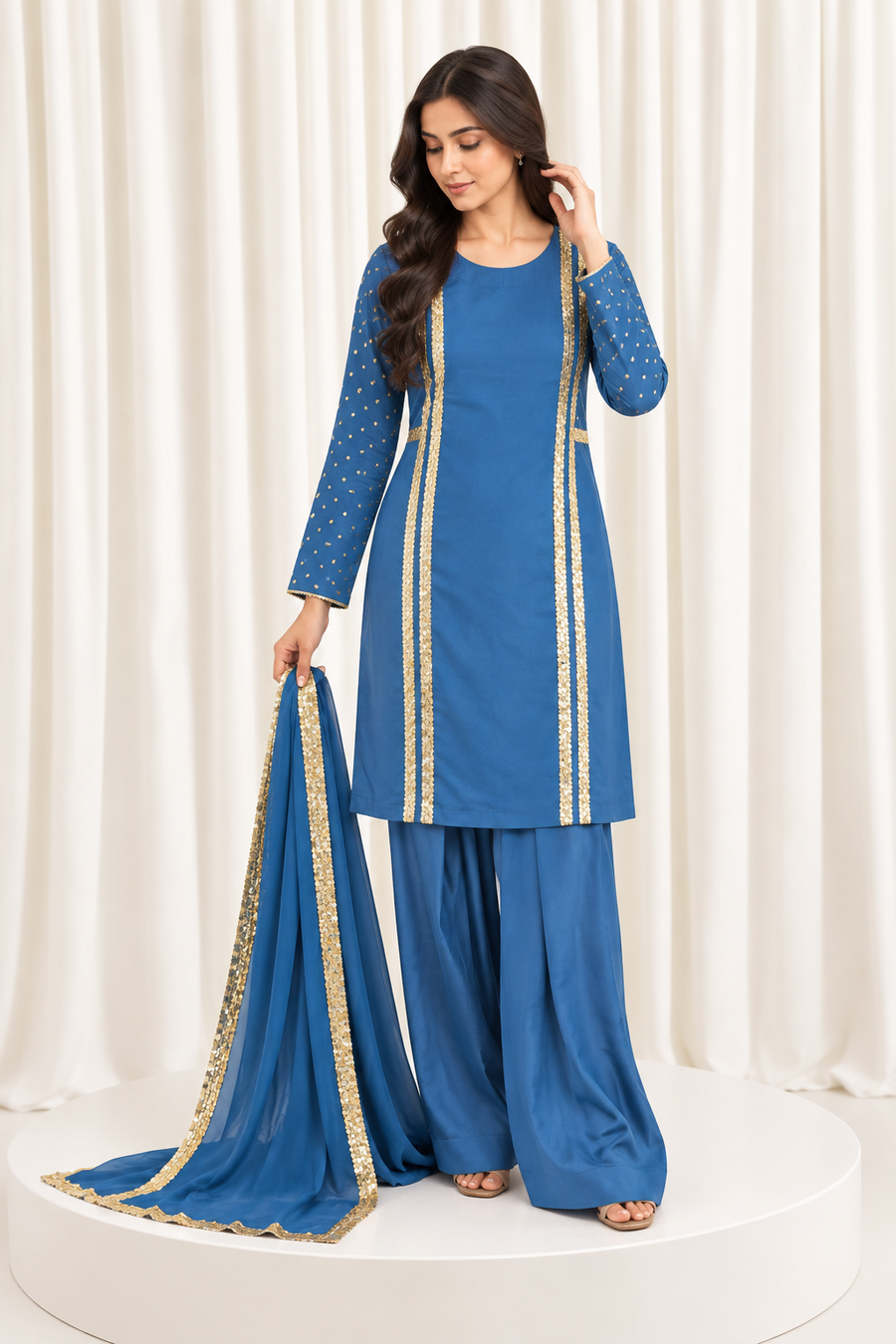 Royal Blue Handcrafted Natural Crepe Suit Set with Organza Dupatta