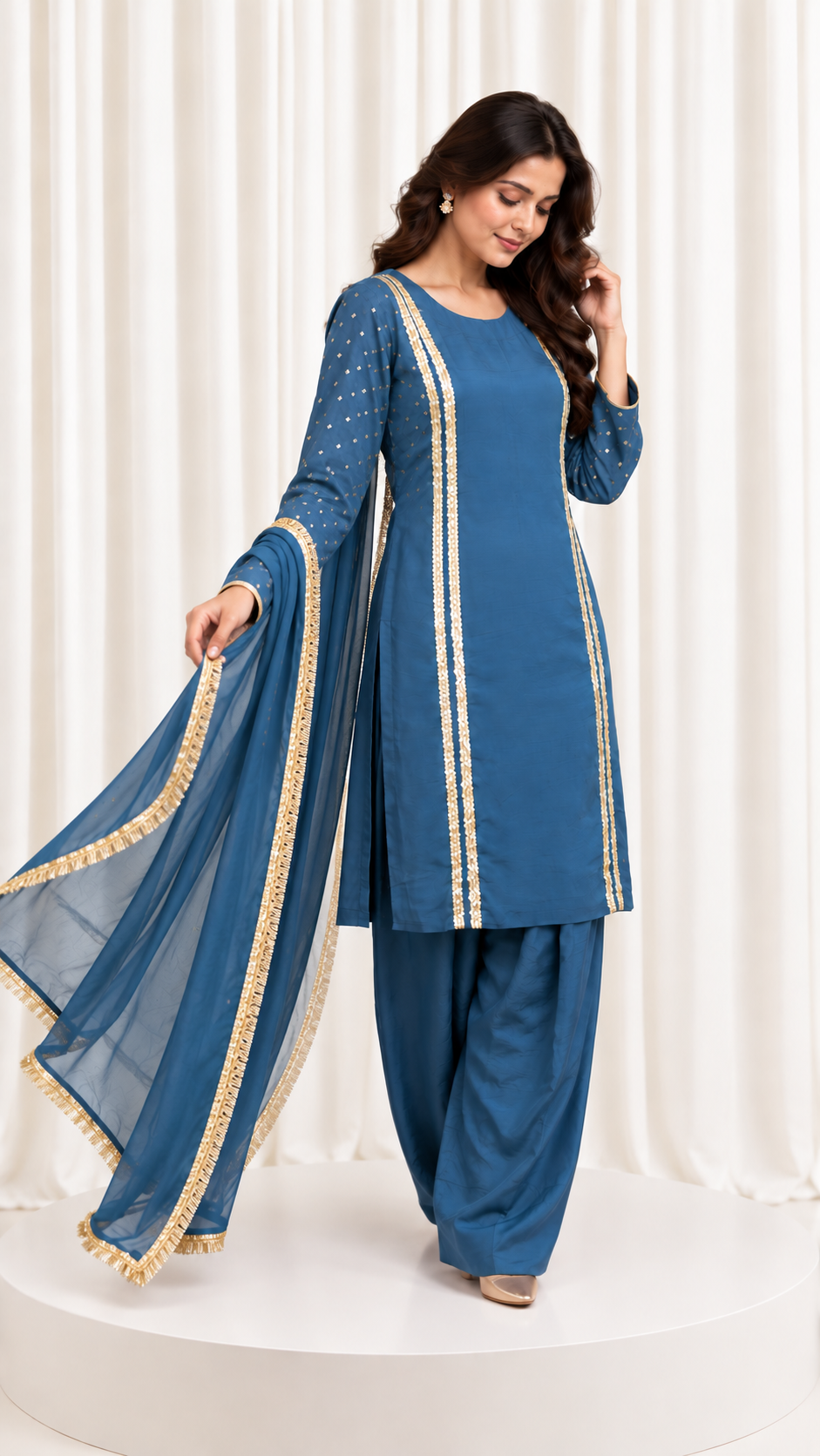 Royal Blue Handcrafted Natural Crepe Suit Set with Organza Dupatta