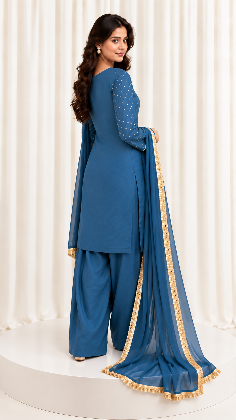 Royal Blue Handcrafted Natural Crepe Suit Set with Organza Dupatta