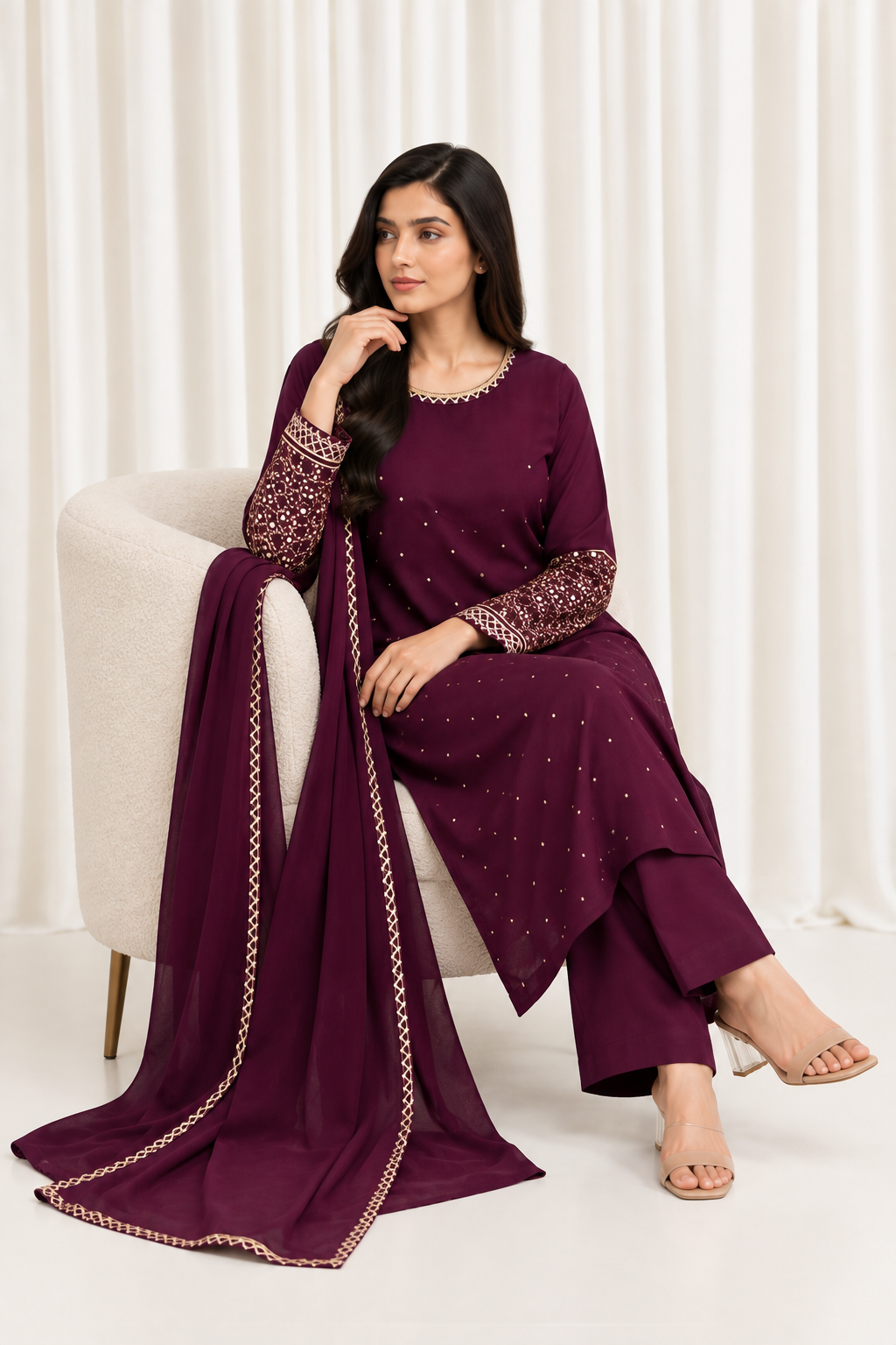 Wine Natural Crepe Suit with Mirror Work Sleeves & Organza Dupatta