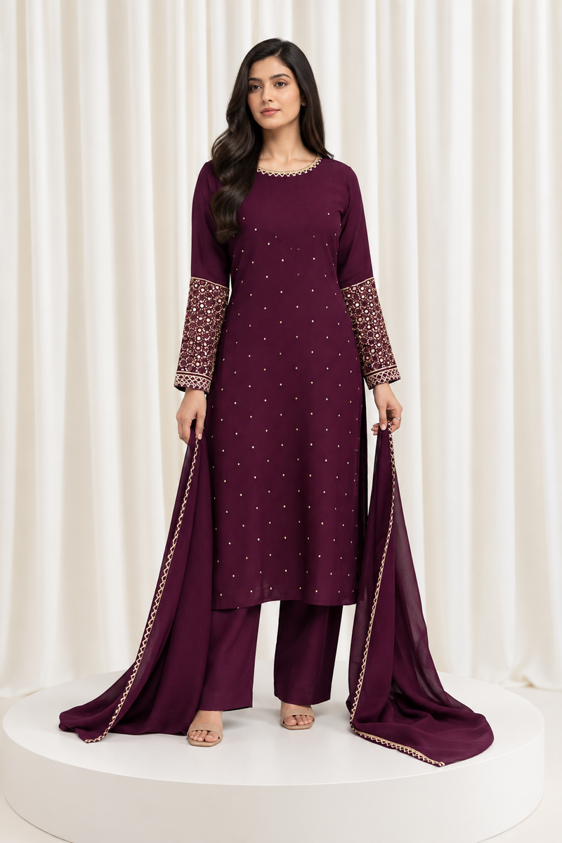 Wine Natural Crepe Suit with Mirror Work Sleeves & Organza Dupatta