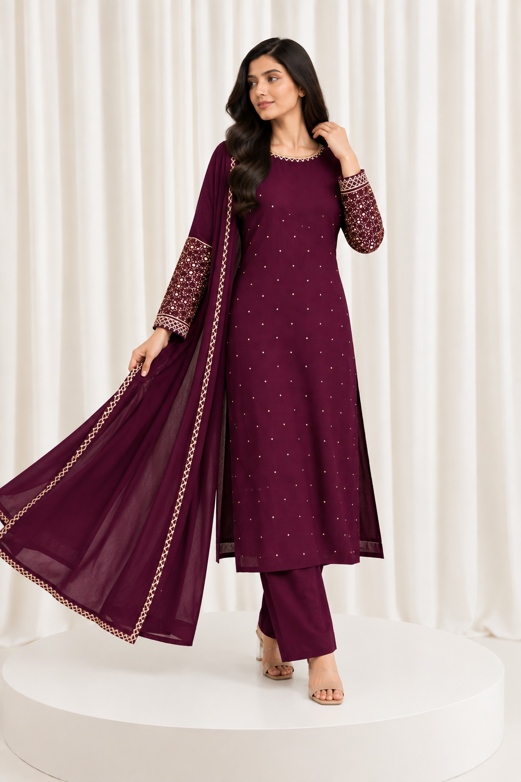 Wine Natural Crepe Suit with Mirror Work Sleeves & Organza Dupatta