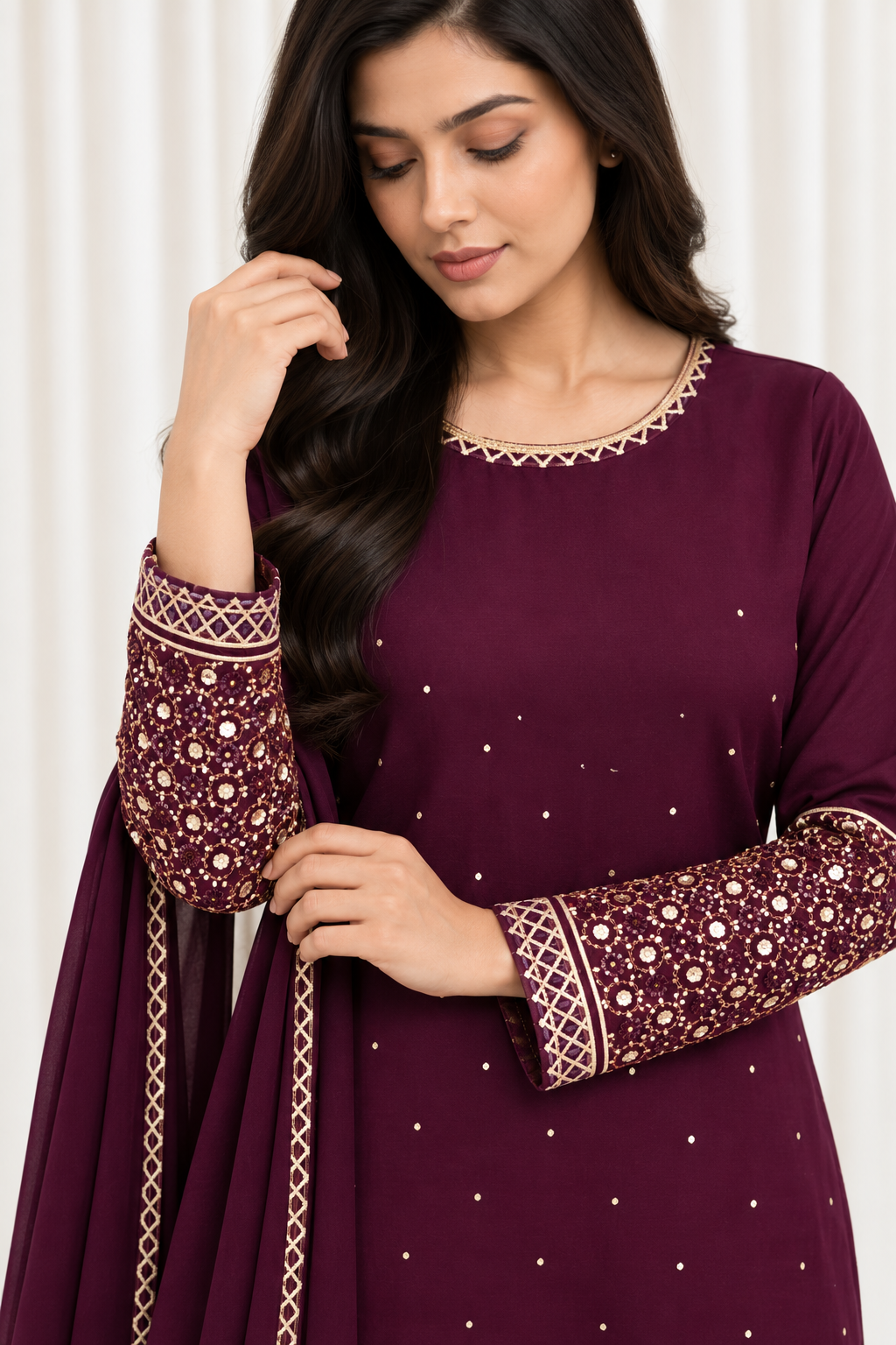 Wine Natural Crepe Suit with Mirror Work Sleeves & Organza Dupatta