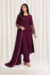 Wine Natural Crepe Suit with Mirror Work Sleeves & Organza Dupatta