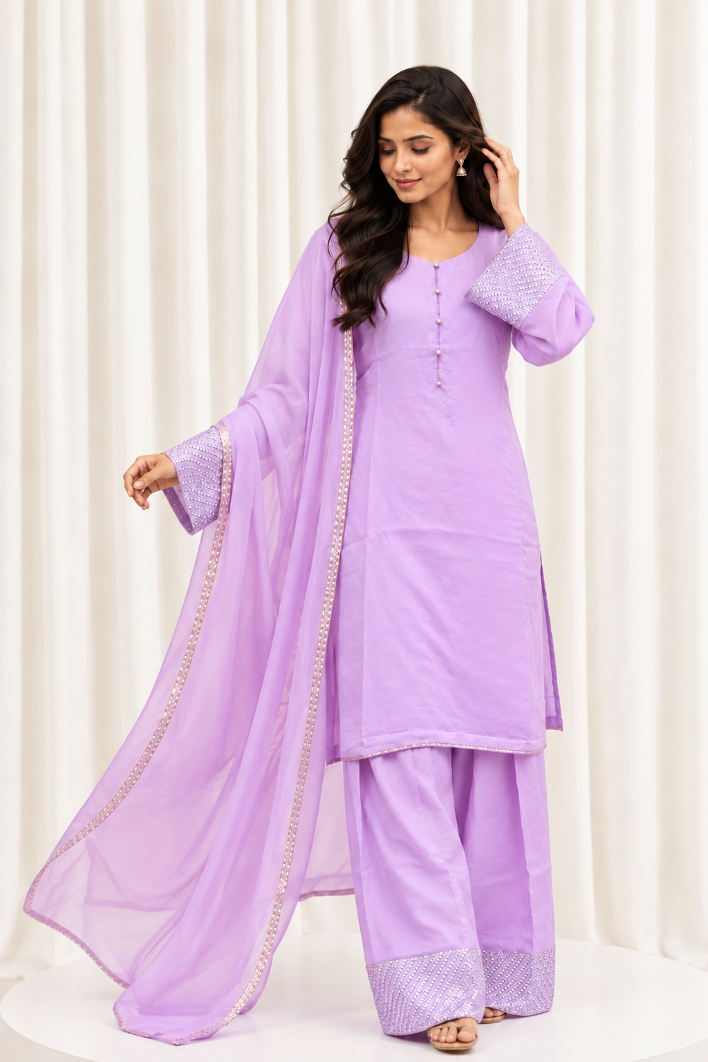 Lavender Handwork Farsi Salwar Suit with Organza Dupatta