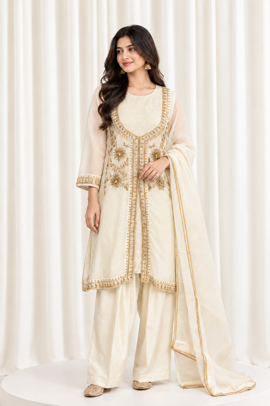 Ivory Hand Embroidered Natural Crepe Suit